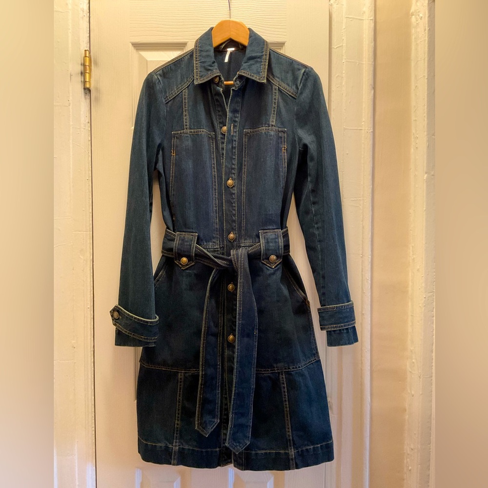 Free People Darker Wash Denim Trench Coat with Tie Waist Size S